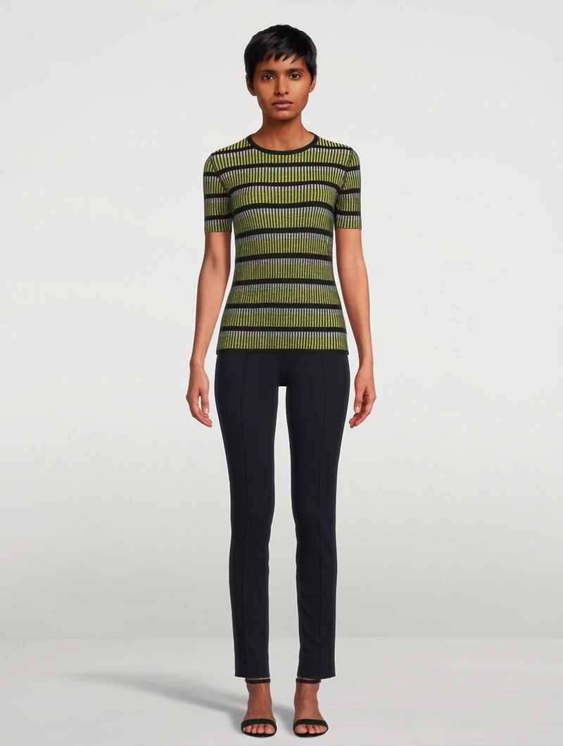 Wool Short-Sleeve Rib Knit Top Stripe