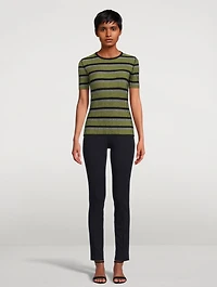Wool Short-Sleeve Rib Knit Top Stripe