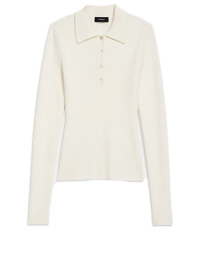Wool Stretch Ribbed Polo Sweater