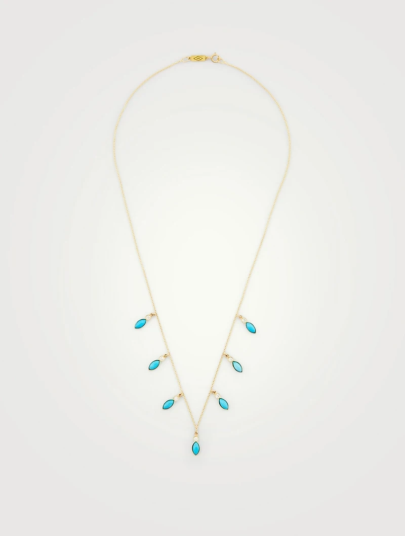18K Gold Marquise Dangle Necklace With Diamonds and Turquoise