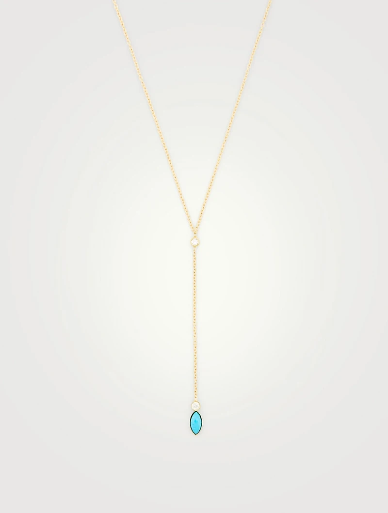 18K Gold Marquise Lariat Necklace With Diamonds and Turquoise