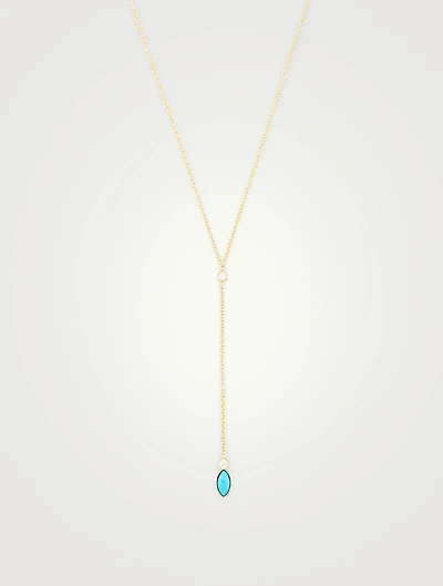 18K Gold Marquise Lariat Necklace With Diamonds and Turquoise