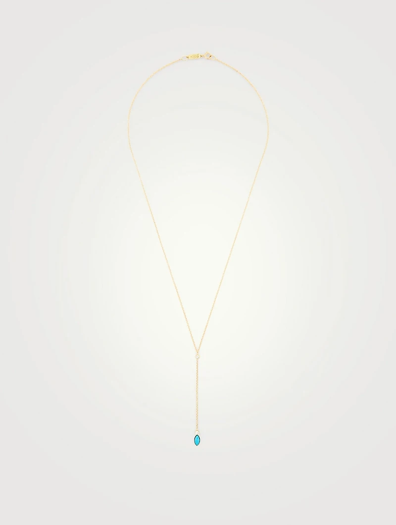 18K Gold Marquise Lariat Necklace With Diamonds and Turquoise