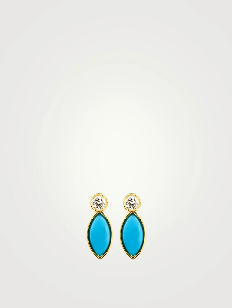 18K Gold Marquise Stud Earrings With Diamonds And Turquoise