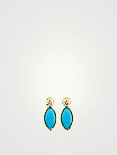 18K Gold Marquise Stud Earrings With Diamonds And Turquoise