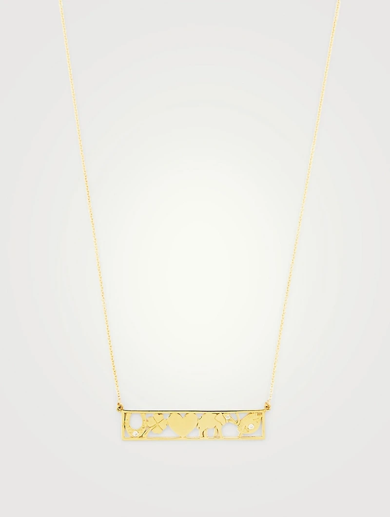 18K Gold Good Luck Bar Necklace With Diamonds