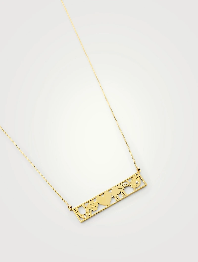 18K Gold Good Luck Bar Necklace With Diamonds