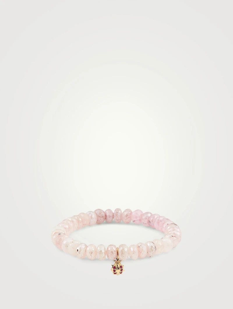 Grapholite Beaded Bracelet With 14K Gold Diamond And Ruby Ladybug Charm