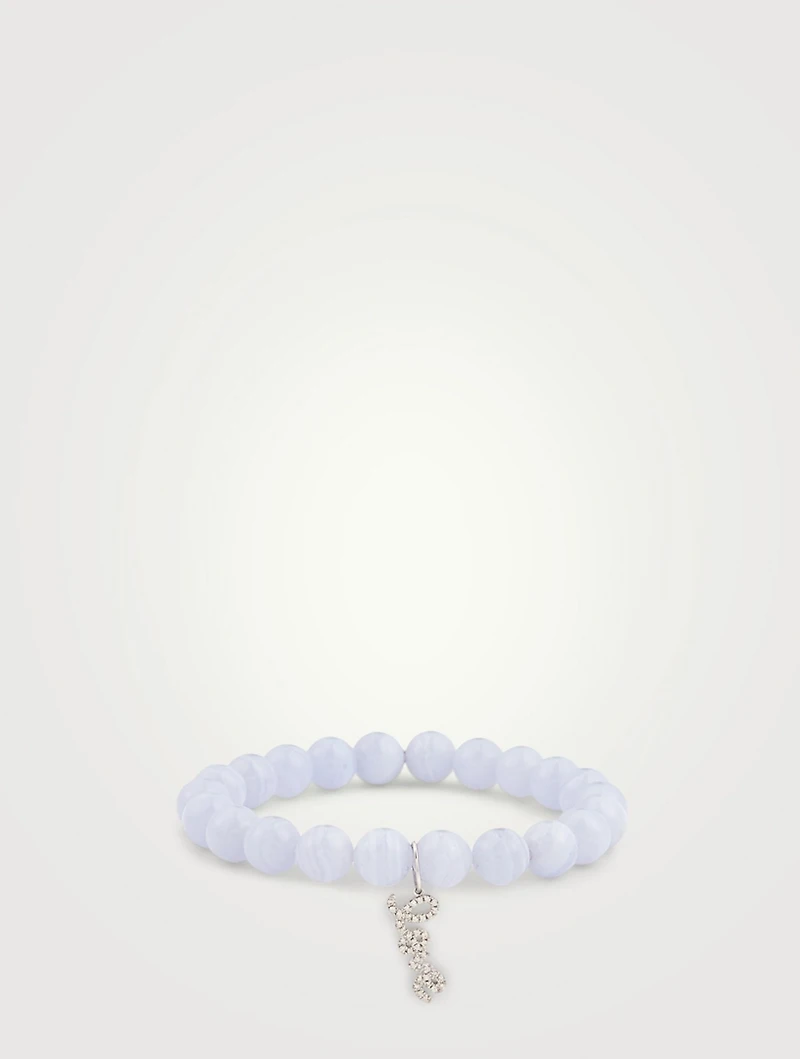 Agate Beaded Bracelet With 14K White Gold Diamond Love Charm