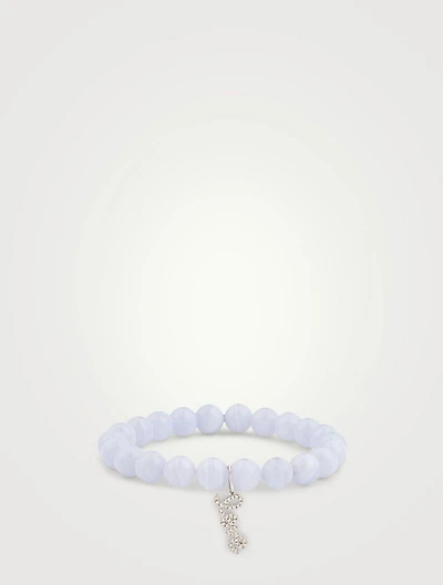 Agate Beaded Bracelet With 14K White Gold Diamond Love Charm