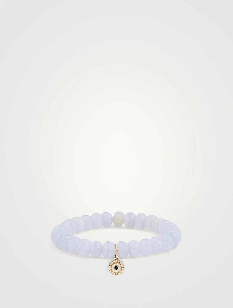 Chalcedony Beaded Bracelet With 14K Gold Diamond Evil Eye Charm