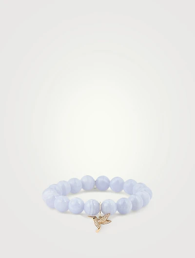 Agate Beaded Bracelet With 14K Gold Diamond And Sapphire Hummingbird Charm