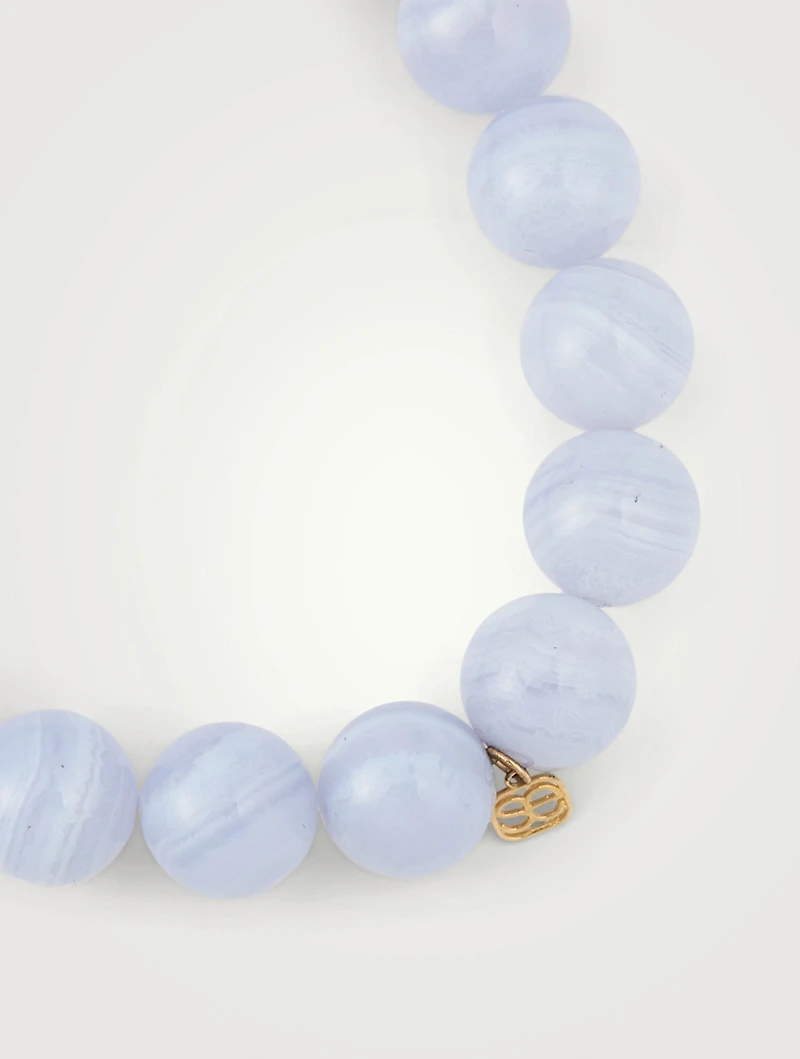 Agate Beaded Bracelet With 14K Gold Diamond And Sapphire Hummingbird Charm