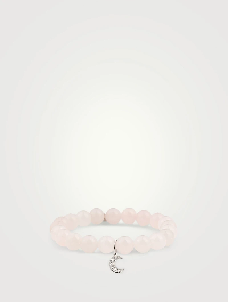 Rose Quartz Beaded Bracelet With 14K White Gold Diamond Moon Charm
