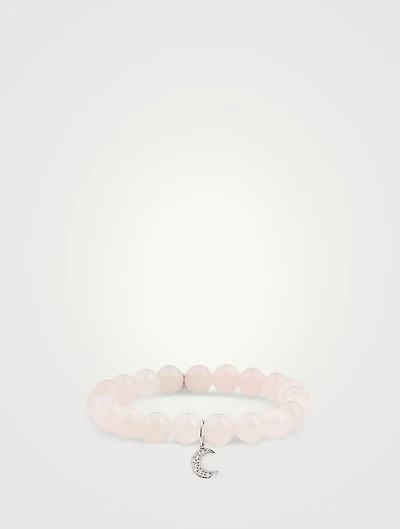 Rose Quartz Beaded Bracelet With 14K White Gold Diamond Moon Charm