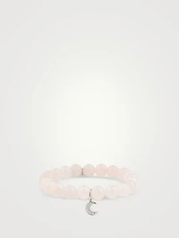 Rose Quartz Beaded Bracelet With 14K White Gold Diamond Moon Charm