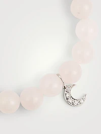 Rose Quartz Beaded Bracelet With 14K White Gold Diamond Moon Charm