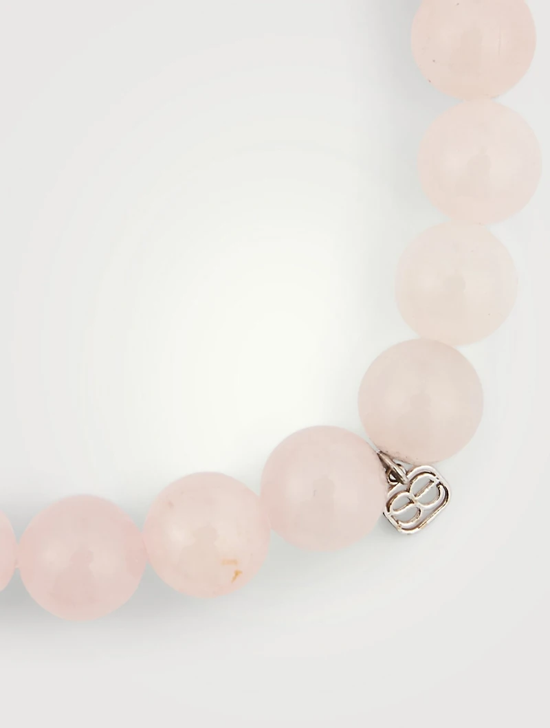 Rose Quartz Beaded Bracelet With 14K White Gold Diamond Moon Charm
