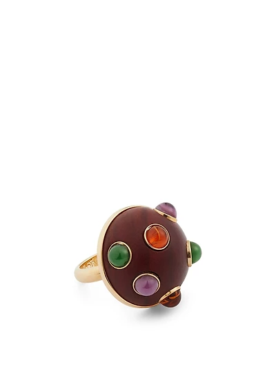 Wood Globe Ring With Multicolour Stones