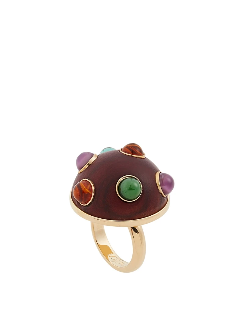 Wood Globe Ring With Multicolour Stones