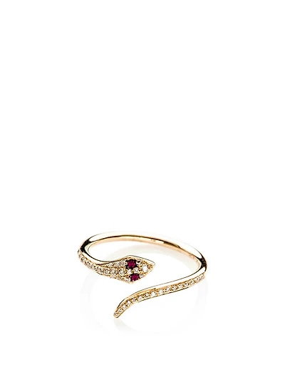 14K Gold Snake Ring With Diamonds And Ruby