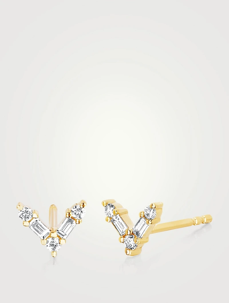 14K Gold Chevron Stud Earrings With Diamonds