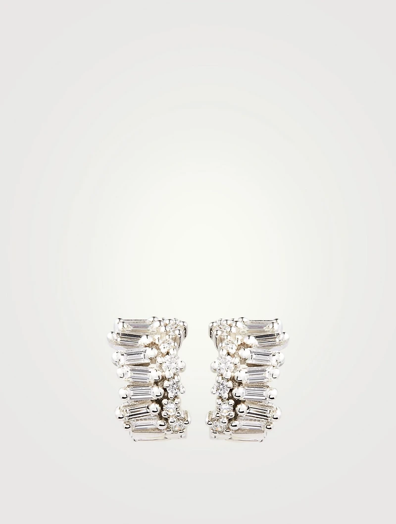 Mini Fireworks 18K White Gold Wide Huggie Earrings With Diamonds
