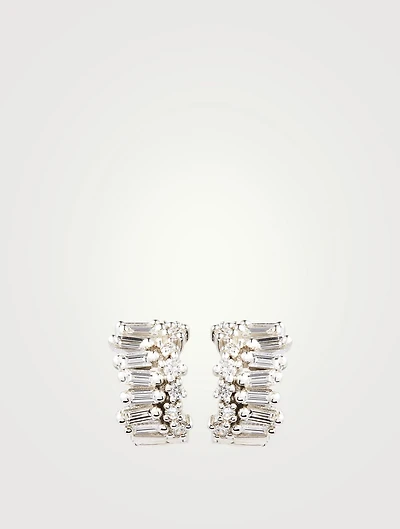 Mini Fireworks 18K White Gold Wide Huggie Earrings With Diamonds