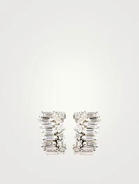 Mini Fireworks 18K White Gold Wide Huggie Earrings With Diamonds