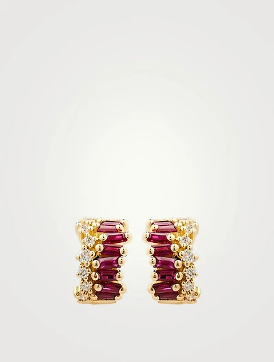 Fireworks 18K Gold Wide Huggie Hoop Earrings With Rubies And Diamonds