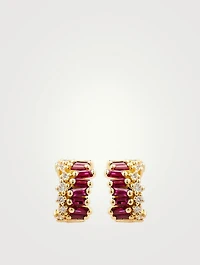 Fireworks 18K Gold Wide Huggie Hoop Earrings With Rubies And Diamonds