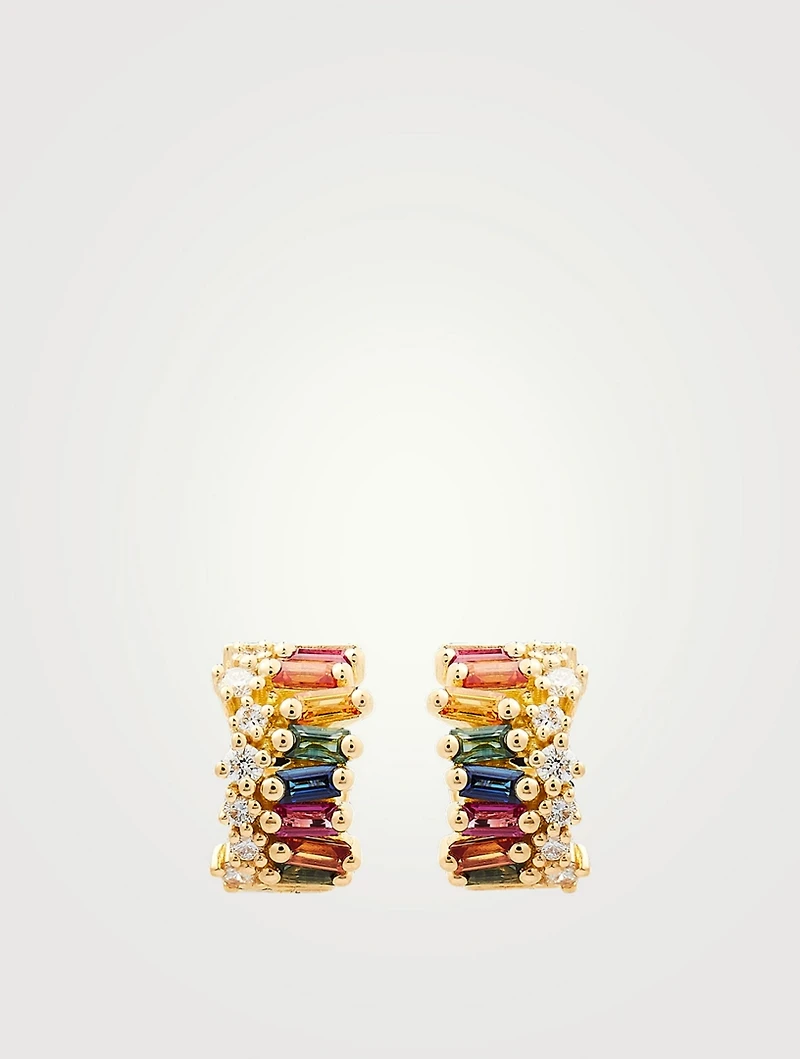 Mini Rainbow Fireworks 18K Gold Wide Huggie Earrings With Sapphire And Diamonds