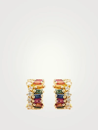 Mini Rainbow Fireworks 18K Gold Wide Huggie Earrings With Sapphire And Diamonds