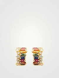 Mini Rainbow Fireworks 18K Gold Wide Huggie Earrings With Sapphire And Diamonds