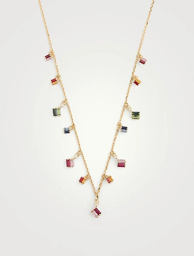 Rainbow Fireworks 18K Gold Dangling Cascade Necklace With Sapphire And Diamonds