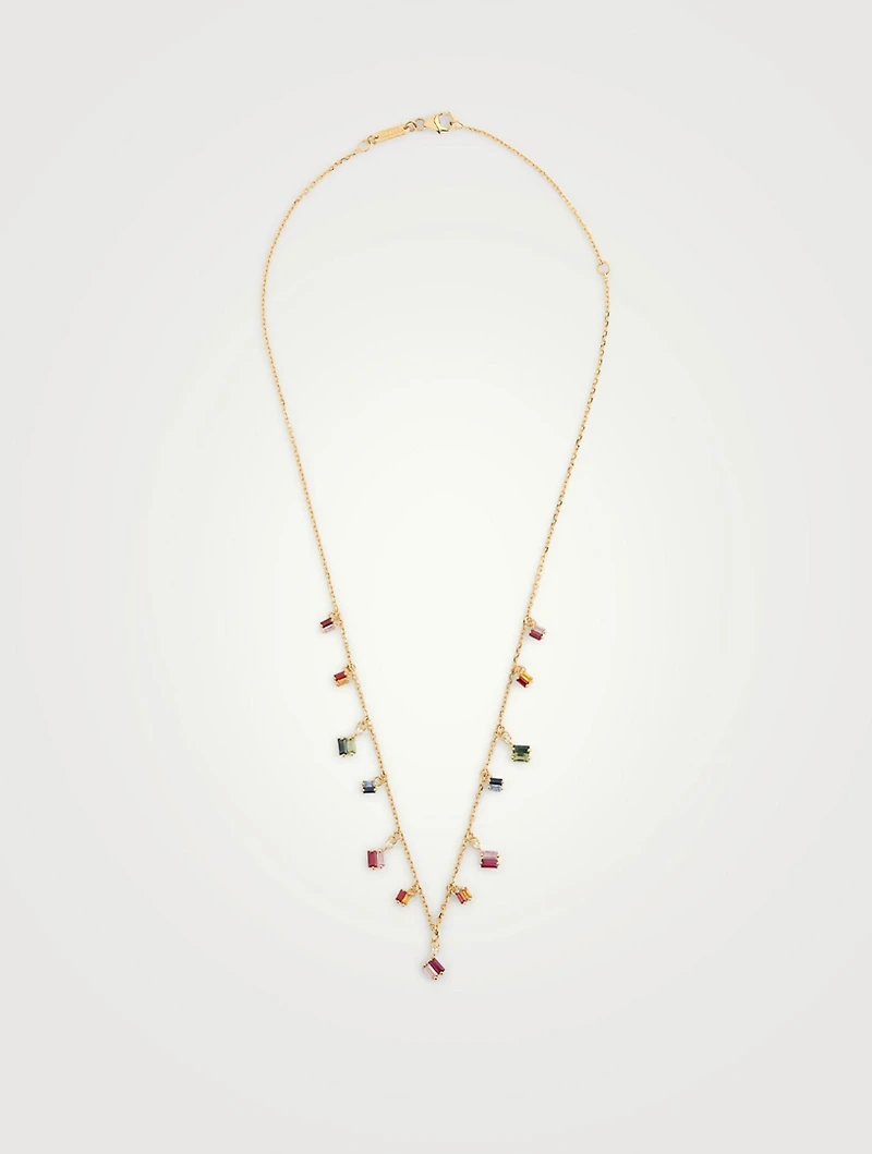 Rainbow Fireworks 18K Gold Dangling Cascade Necklace With Sapphire And Diamonds