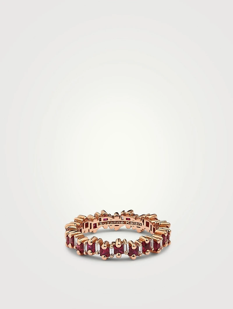 Fireworks 18K Rose Gold Thin Eternity Band With Ruby And Diamonds