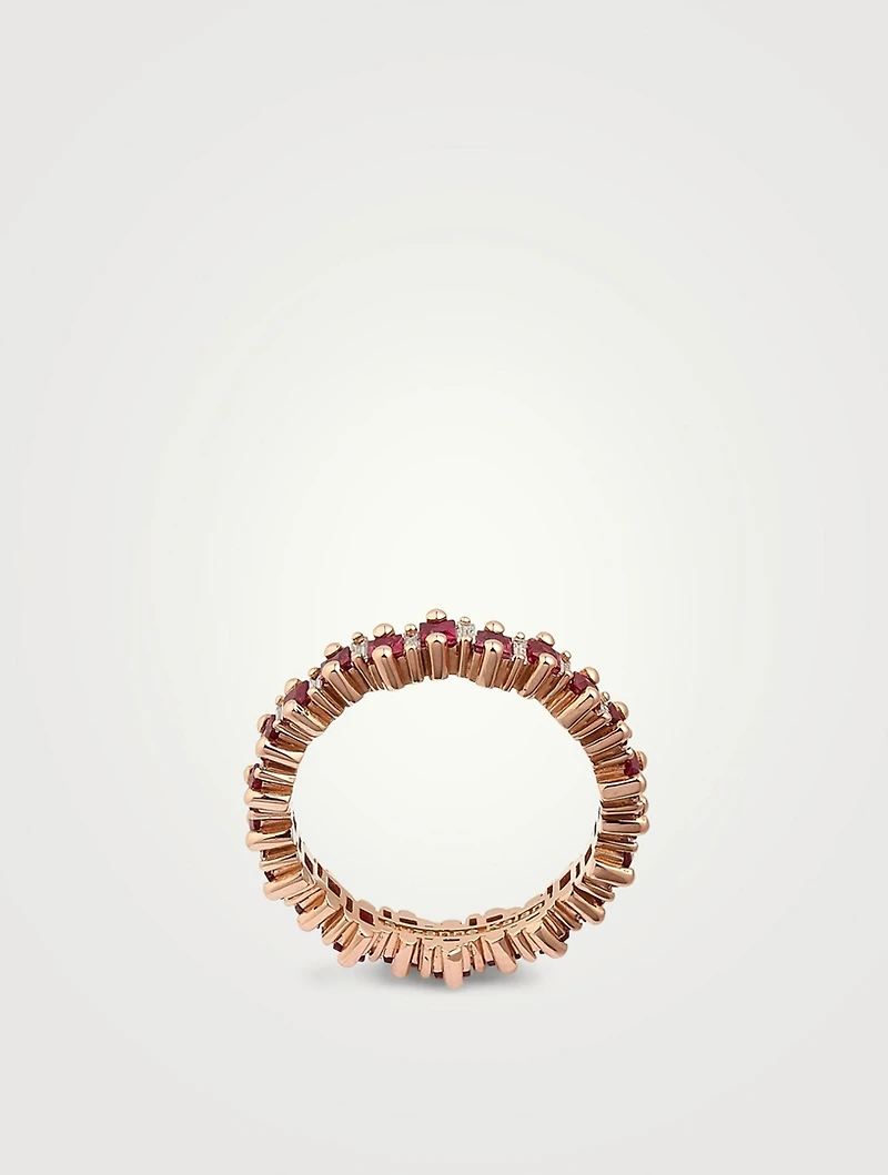 Fireworks 18K Rose Gold Thin Eternity Band With Ruby And Diamonds