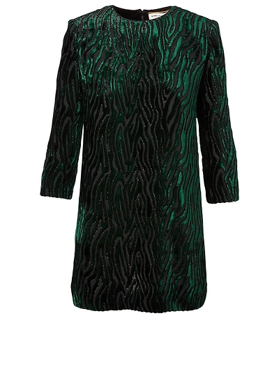 Lamé Velvet Jacquard Mini Dress Tiger Print