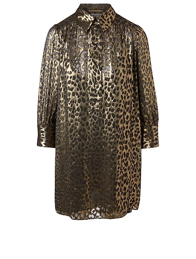 Silk-Blend Mini Shirt Dress Leopard Print