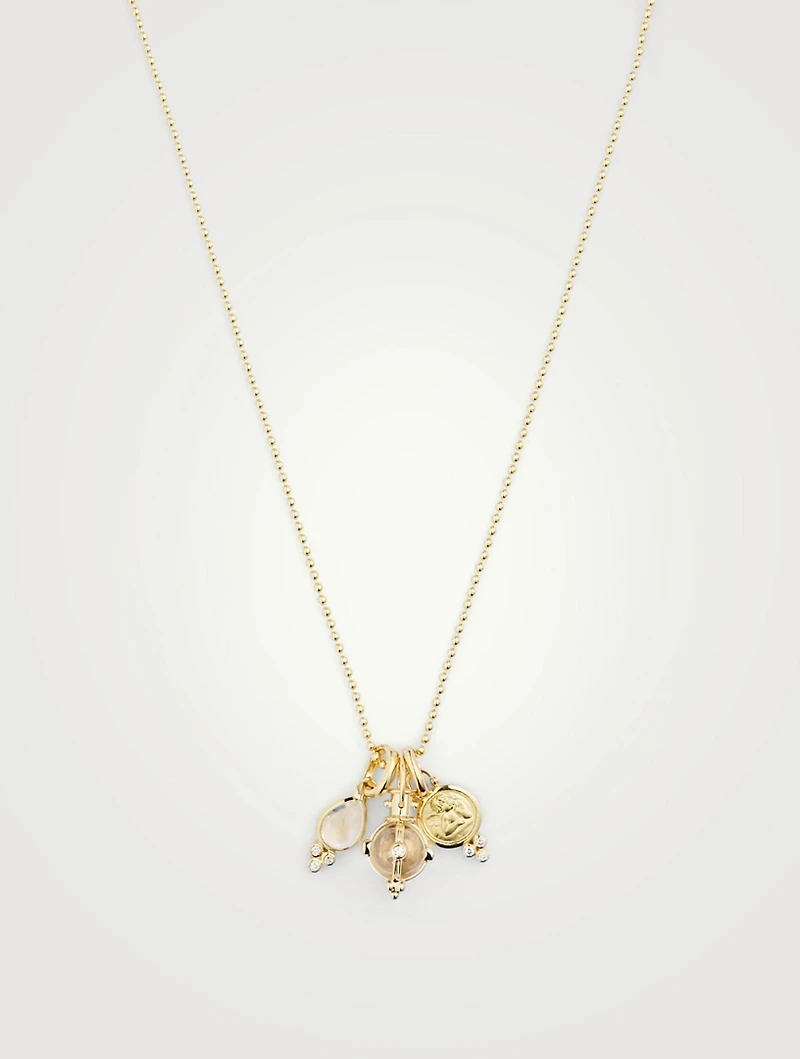 18K Gold Classic Charm Necklace With Royal Blue Moonstone And Rock Crystal