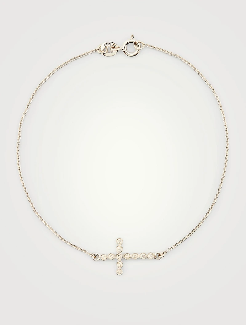 Small 14K White Gold Cross Chain Bracelet With Diamonds