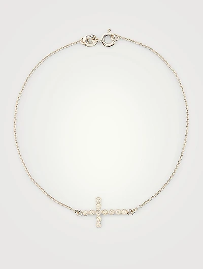 Small 14K White Gold Cross Chain Bracelet With Diamonds