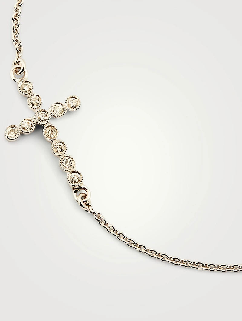 Small 14K White Gold Cross Chain Bracelet With Diamonds