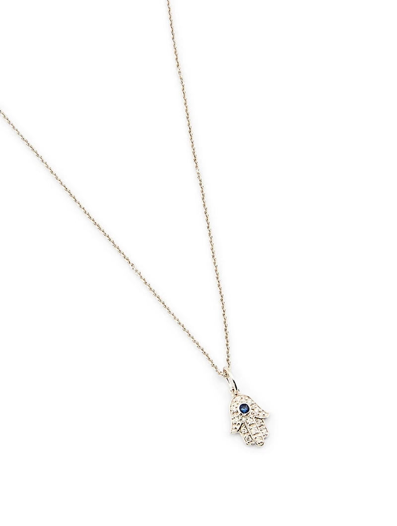 14K White Gold Hamsa Necklace With Diamonds And Sapphire