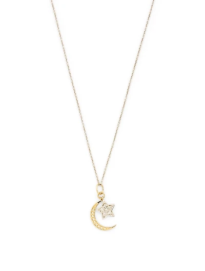 14K Gold Moon And Star Necklace With Diamonds