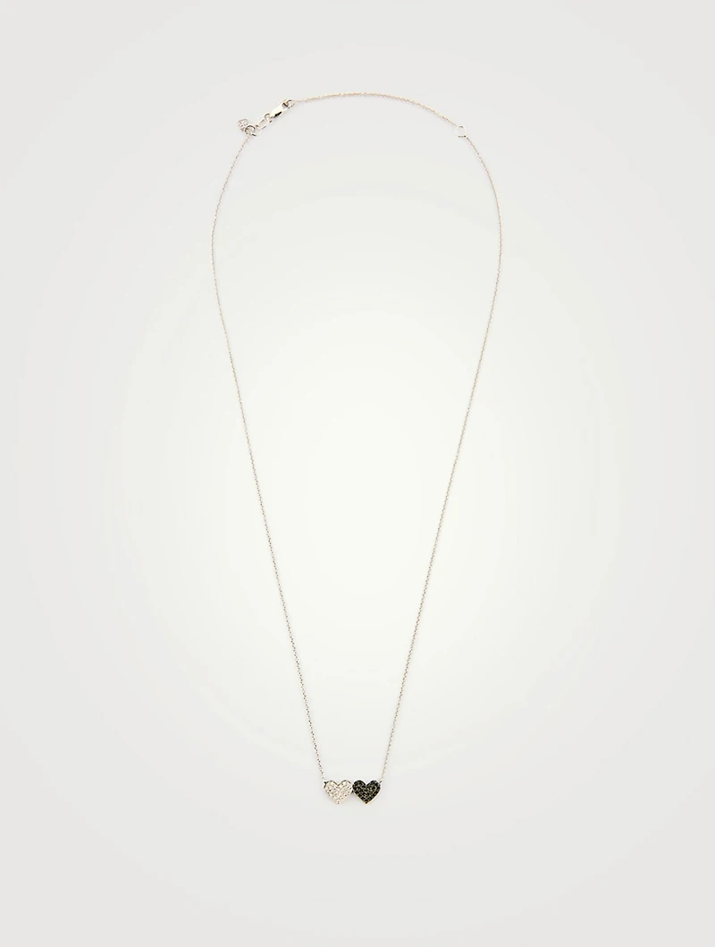 14K White Gold Double Heart Necklace With White And Black Diamonds