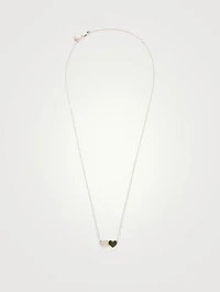 14K White Gold Double Heart Necklace With White And Black Diamonds