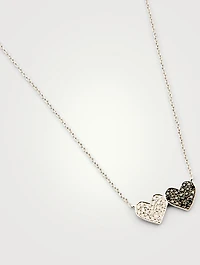 14K White Gold Double Heart Necklace With White And Black Diamonds