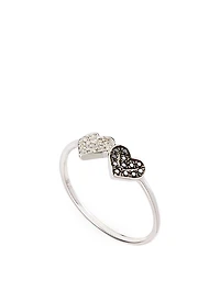 14K White Gold Double Heart Ring With White And Black Diamonds